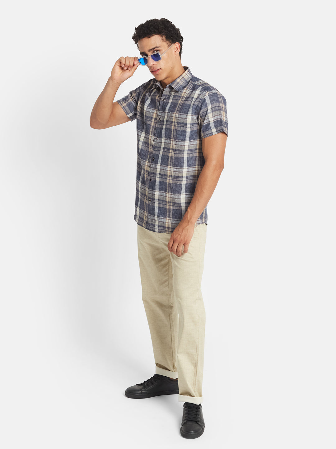 METTLE SS25 Checked Spread Collar Cotton Casual Shirt