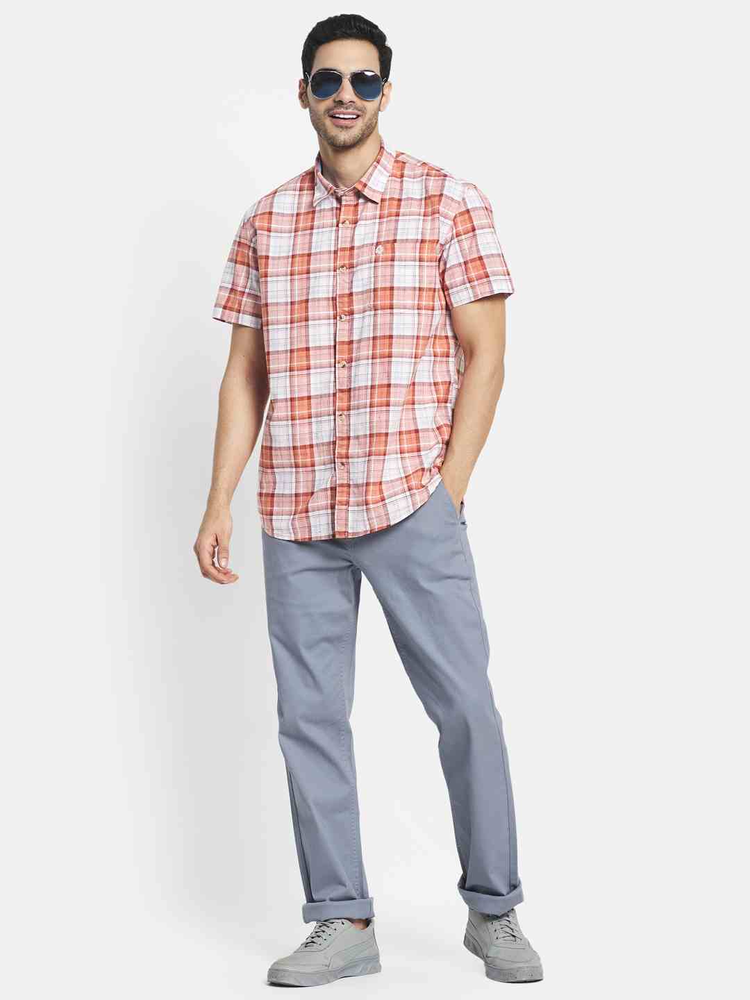 Men Orange Tartan Checks Checked Casual Shirt