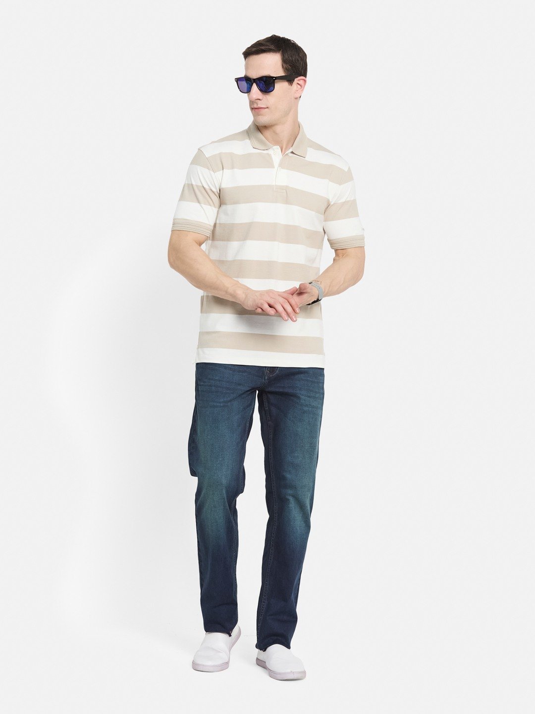 STRIPE POLO NECK PIQUE LYCRA T-SHIRT