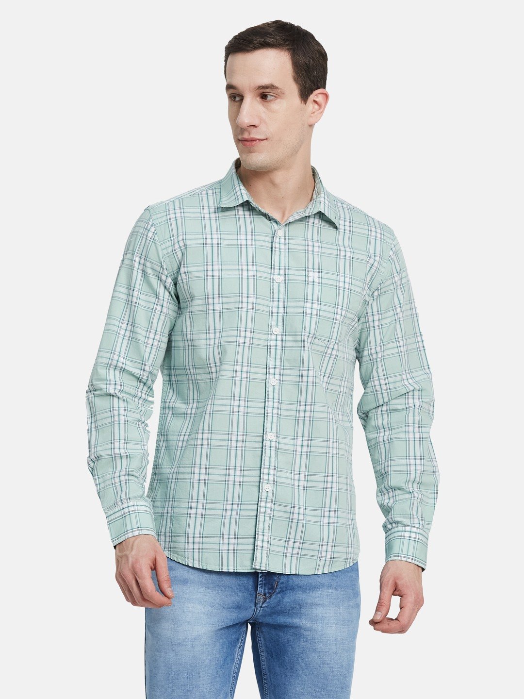 METTLE Men Spread Collar Tartan Checked Cotton Casual Shirt