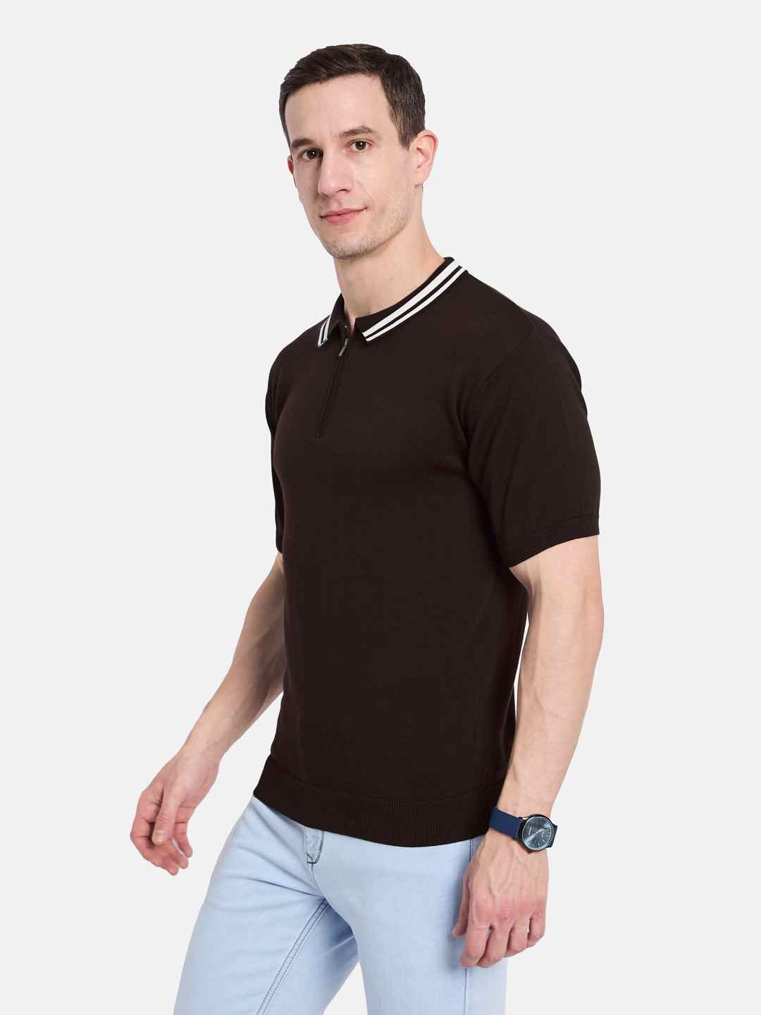 METTLE Men Polo Collar Monochrome T-shirt