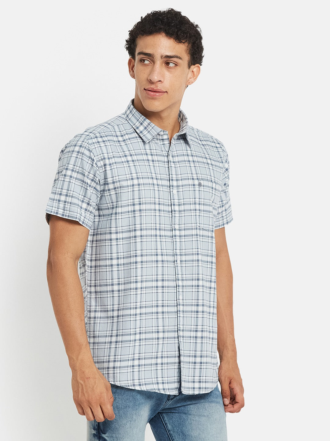 METTLE SS25 Checked Cotton Spread Collar Casual Shirt