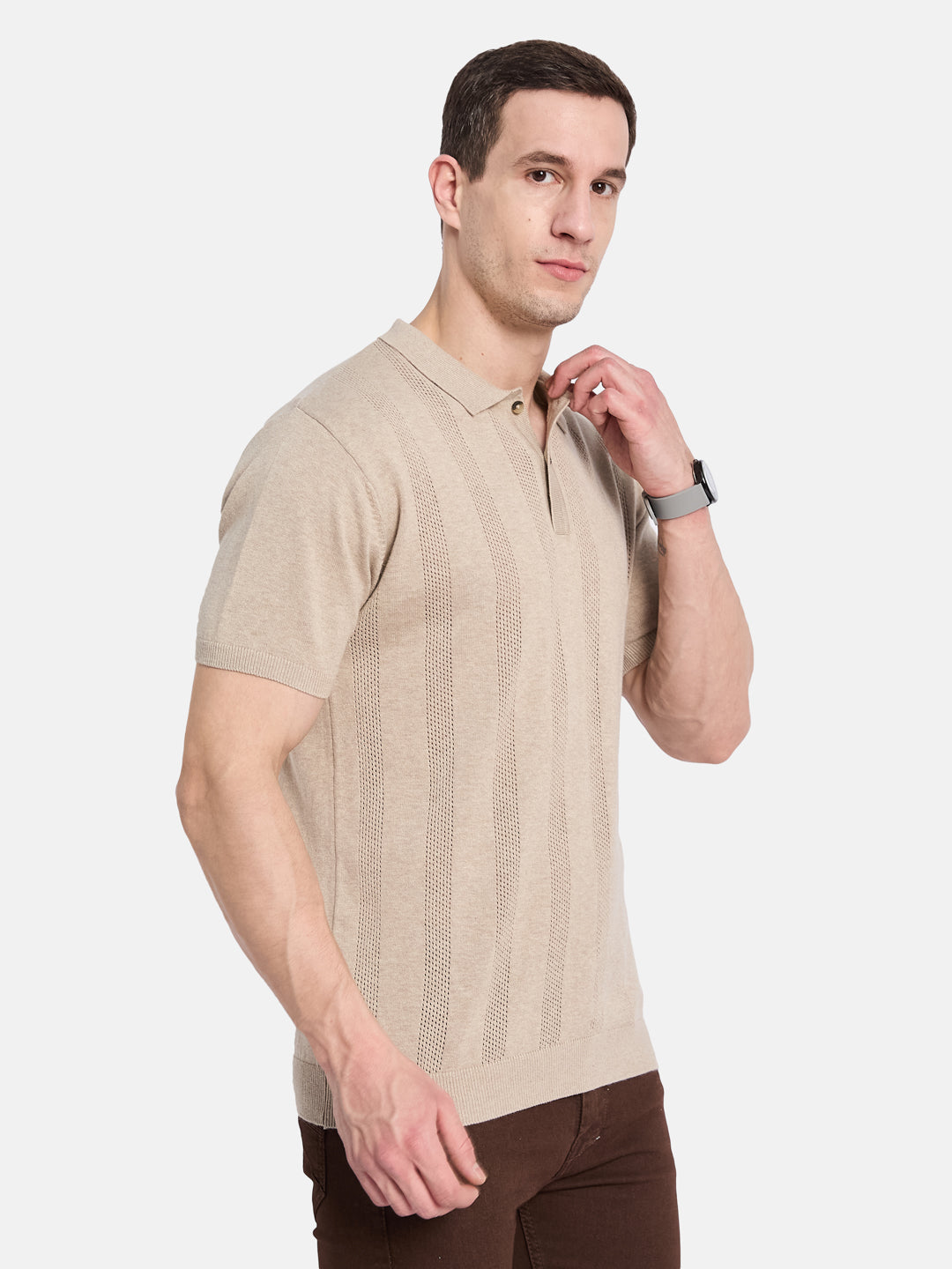 METTLE Men Striped Polo Collar T-shirt - Main Image