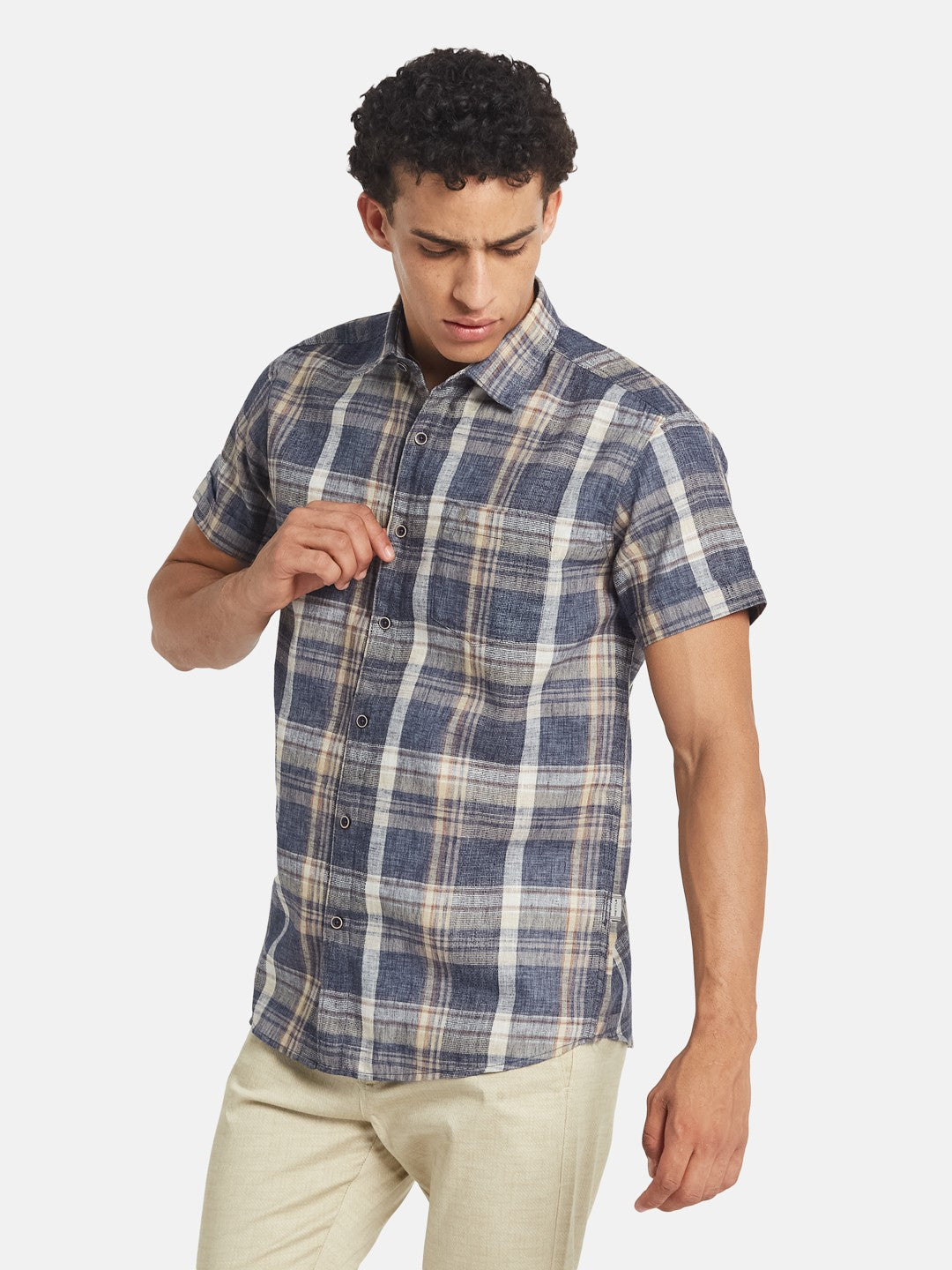 METTLE SS25 Checked Spread Collar Cotton Casual Shirt