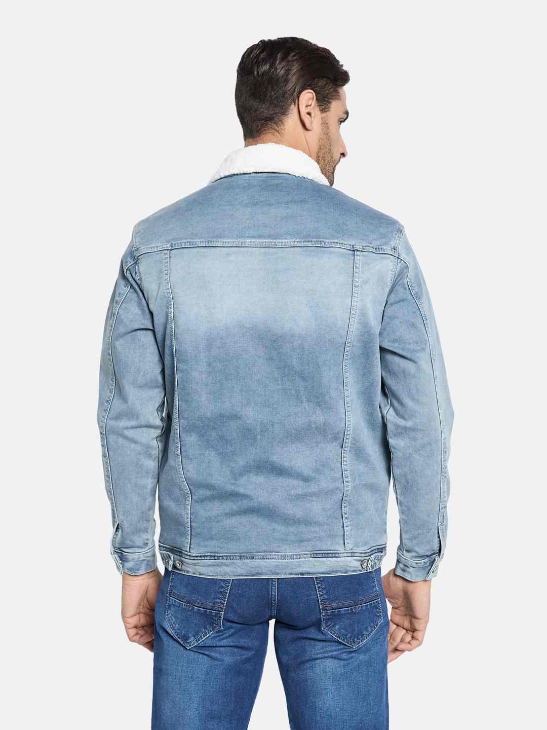 METTLE Men Spread Collar Washed Solid Cotton Casual Denim Jacket