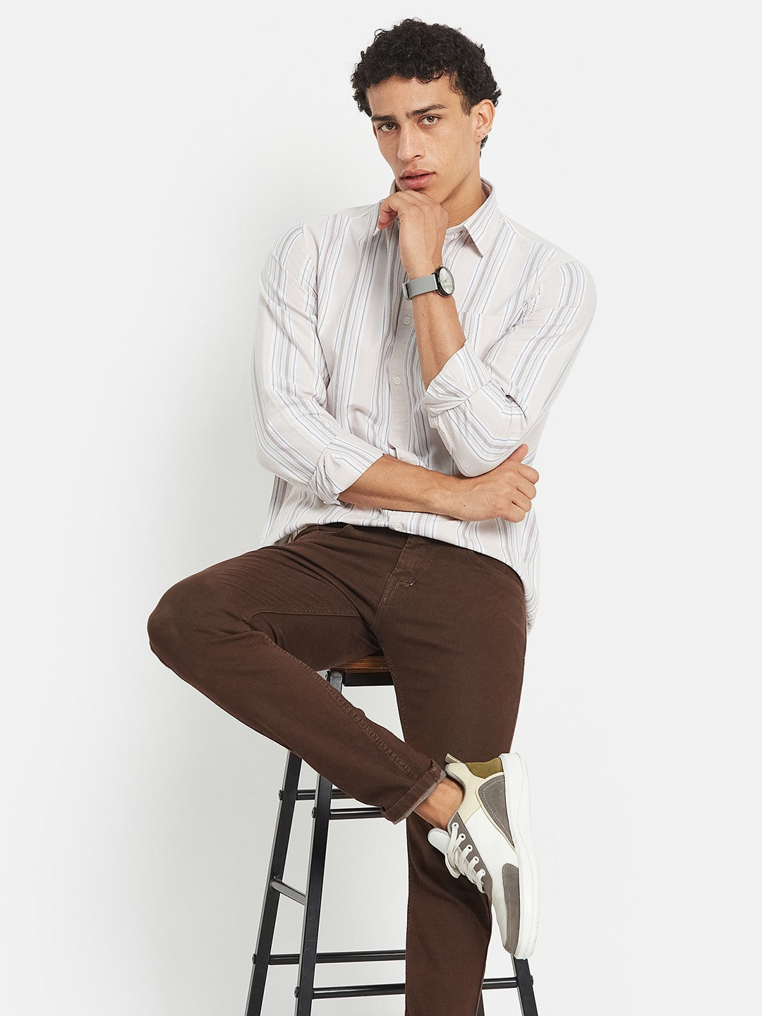 METTLE Men Vertical Striped Spread Collar Cotton Casual Shirt