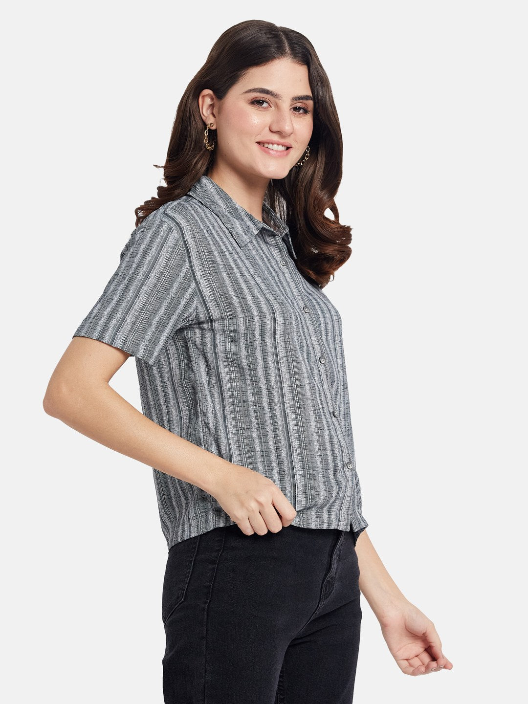 METTLE Women Textured Spread Collar Cotton Casual Shirt