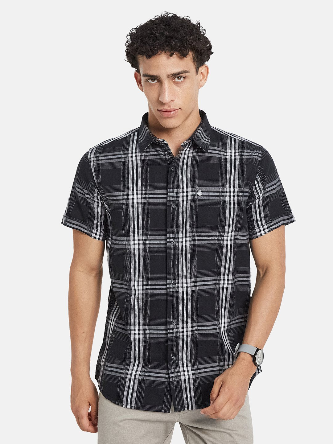 METTLE SS25 Checked Spread Collar Cotton Casual Shirt