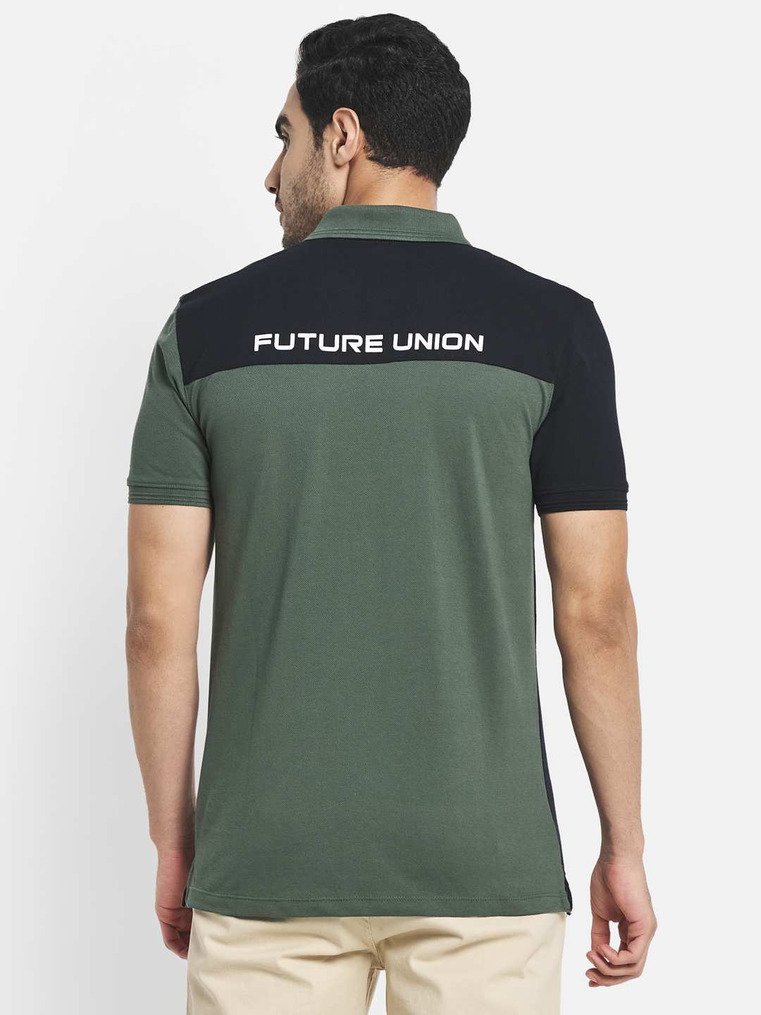 Octave Men Olive Green Colourblocked Polo Collar Applique T-Shirt