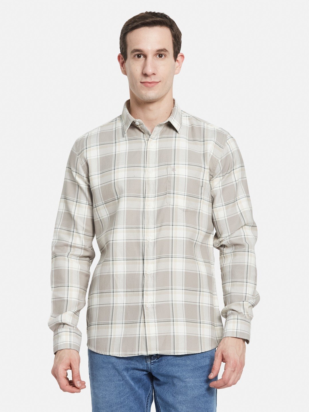 METTLE Men Spread Collar Tartan Checked Cotton Casual Shirt