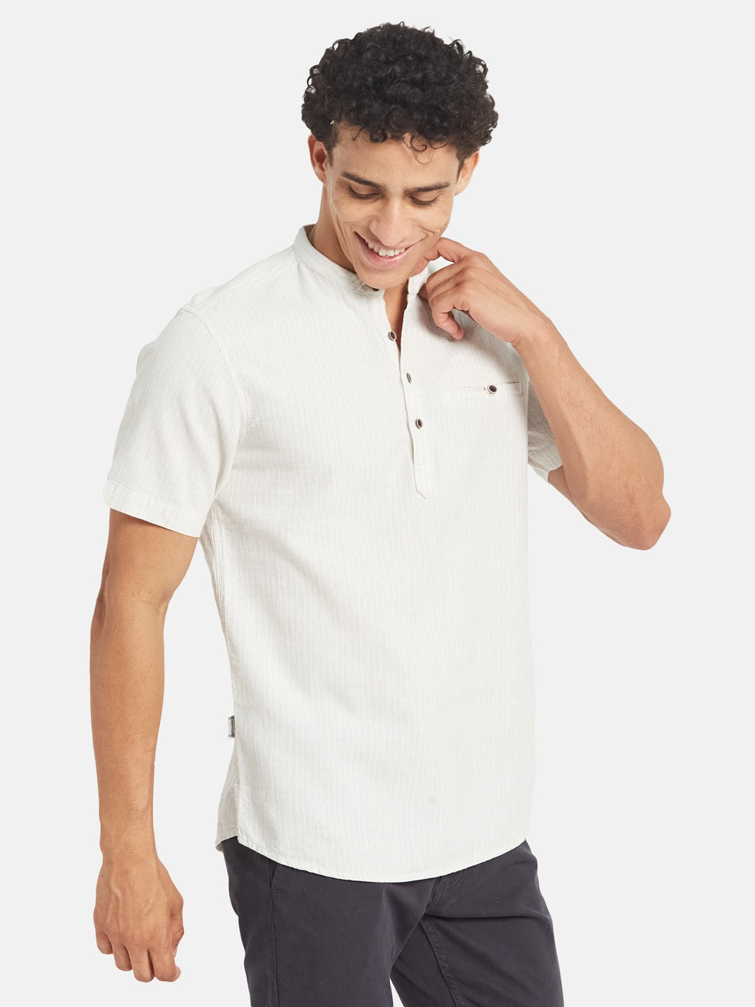 METTLE Striped Short Sleeves Mandarin Collar Cotton Opaque Regular Fit Casual Shirt