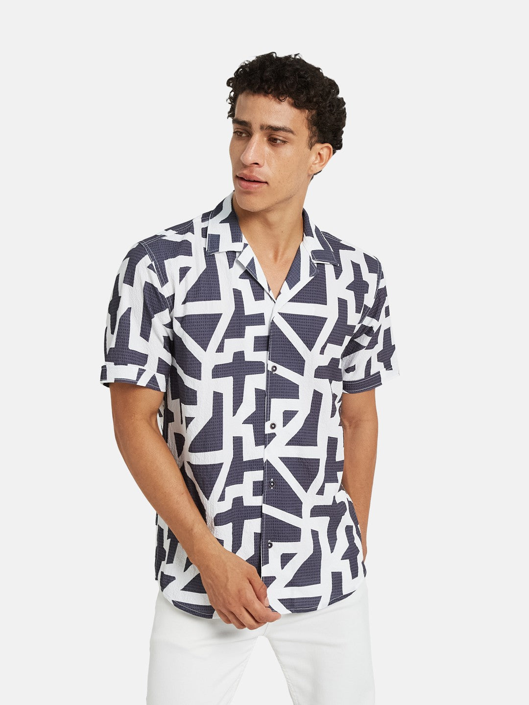 METTLE Abstract Printed Spread Collar Cotton Shirt
