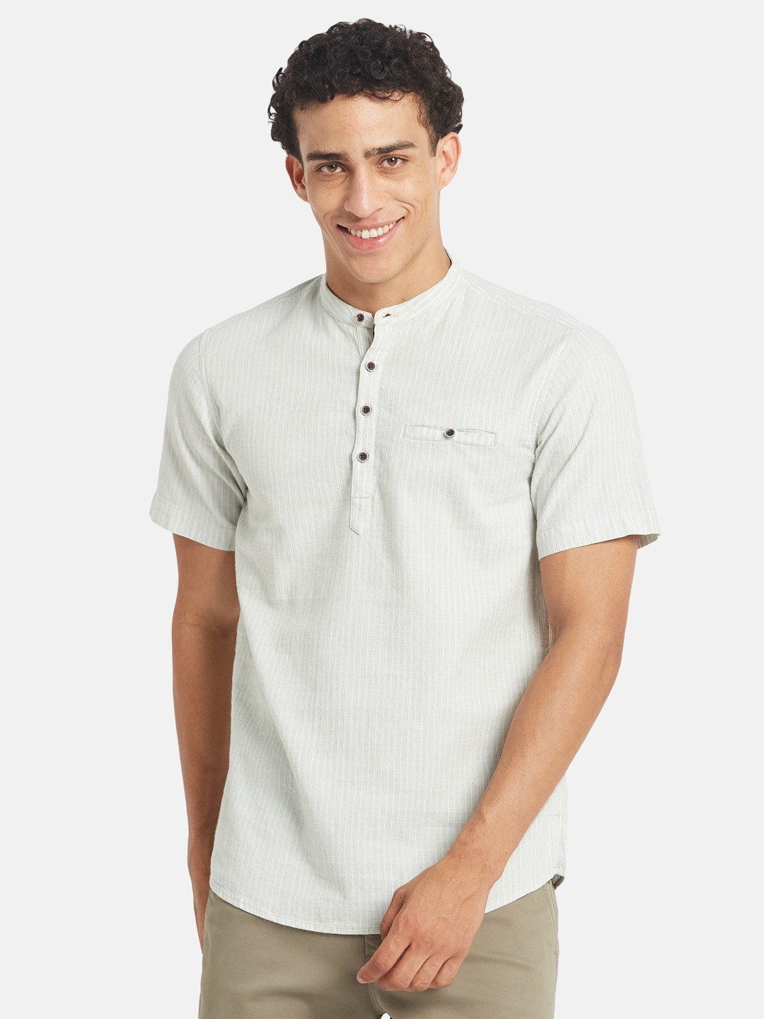 METTLE SS25 Vertical Striped Mandarin Collar Cotton Casual Shirt