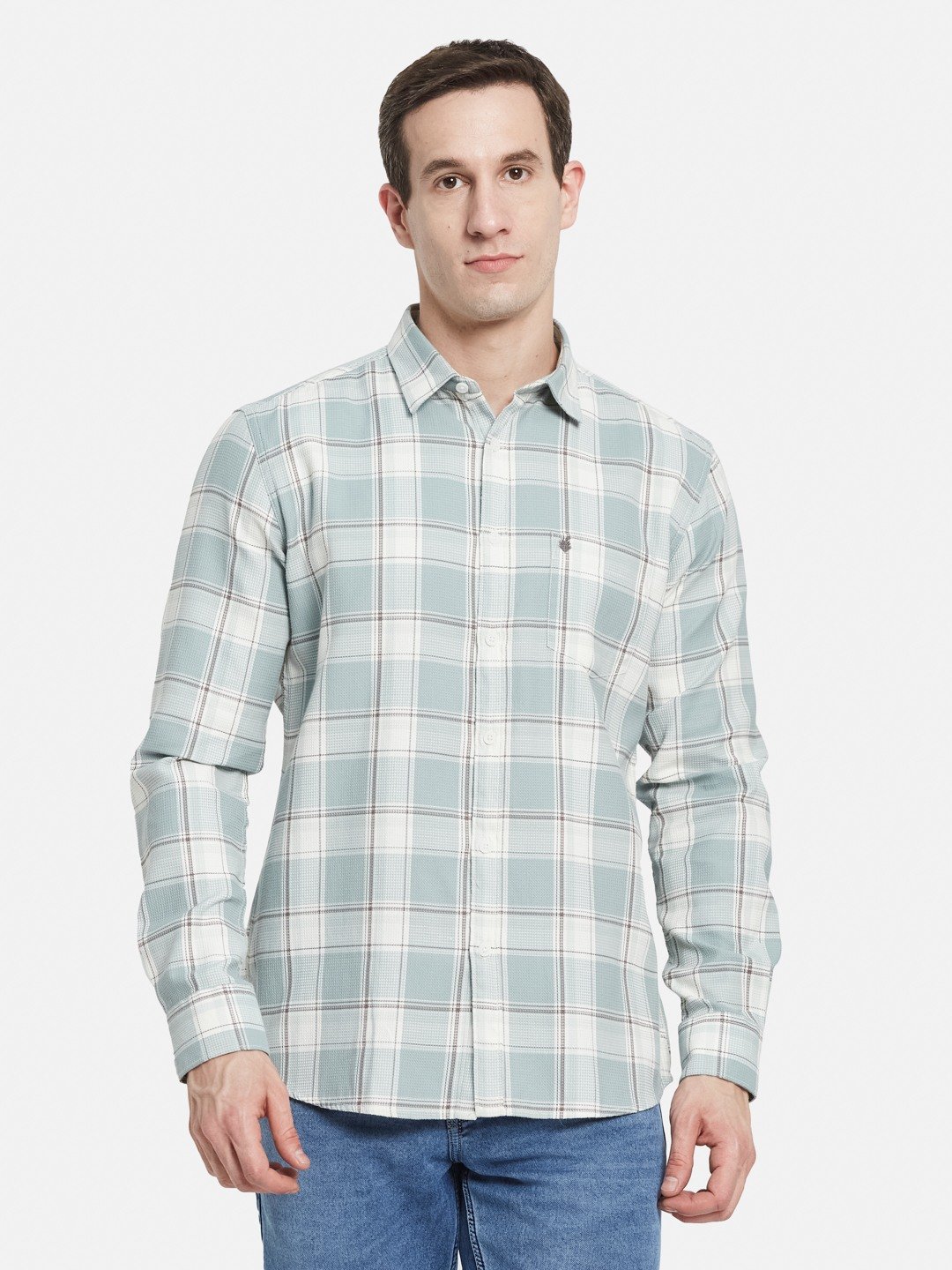 METTLE Men Spread Collar Tartan Checked Cotton Casual Shirt