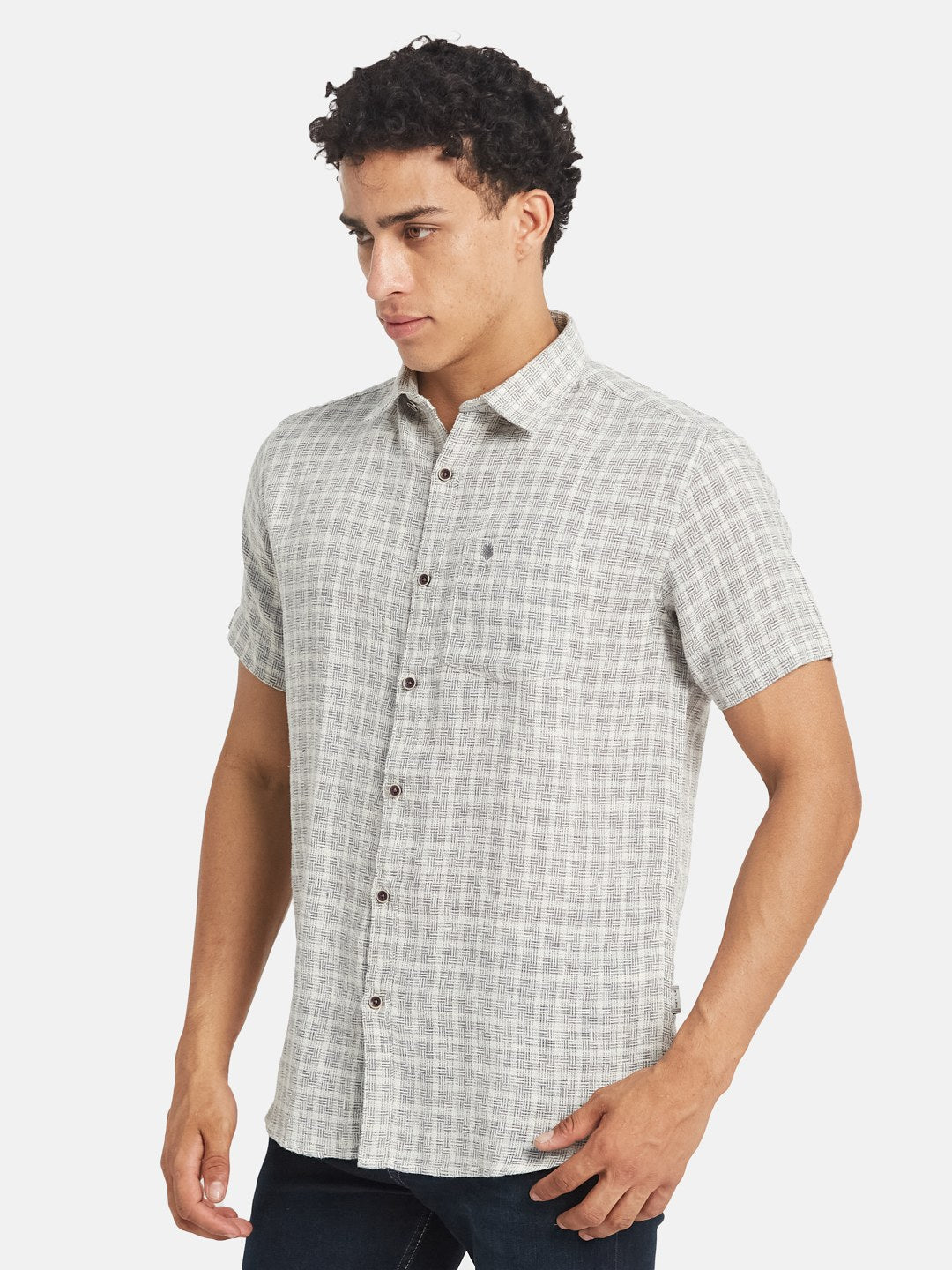 METTLE Men Textured Spread Collar Cotton Casual Shirt