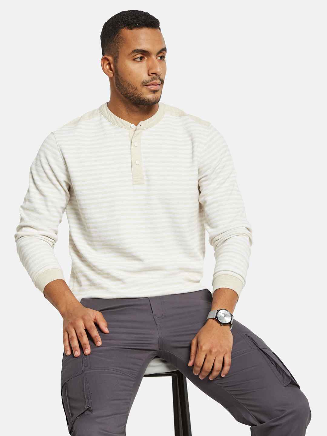 METTLE Men Striped Mandarin Collar Pockets T-shirt