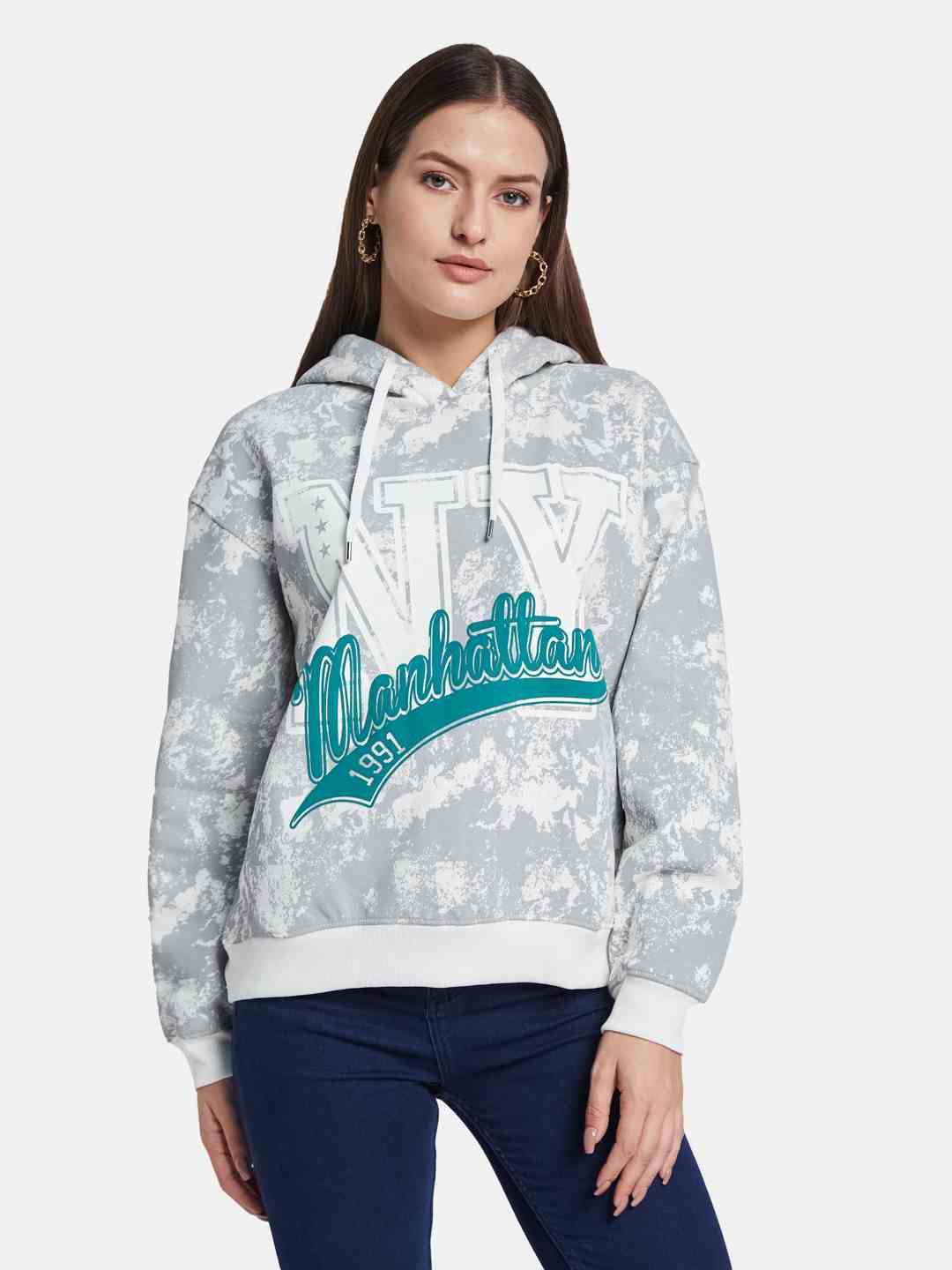 METTLE Women Printed Hooded Sweatshirt