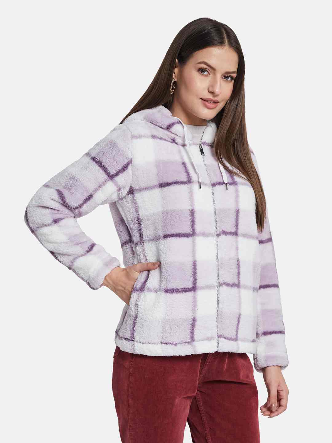 METTLE Women Checked Hooded Sweatshirt