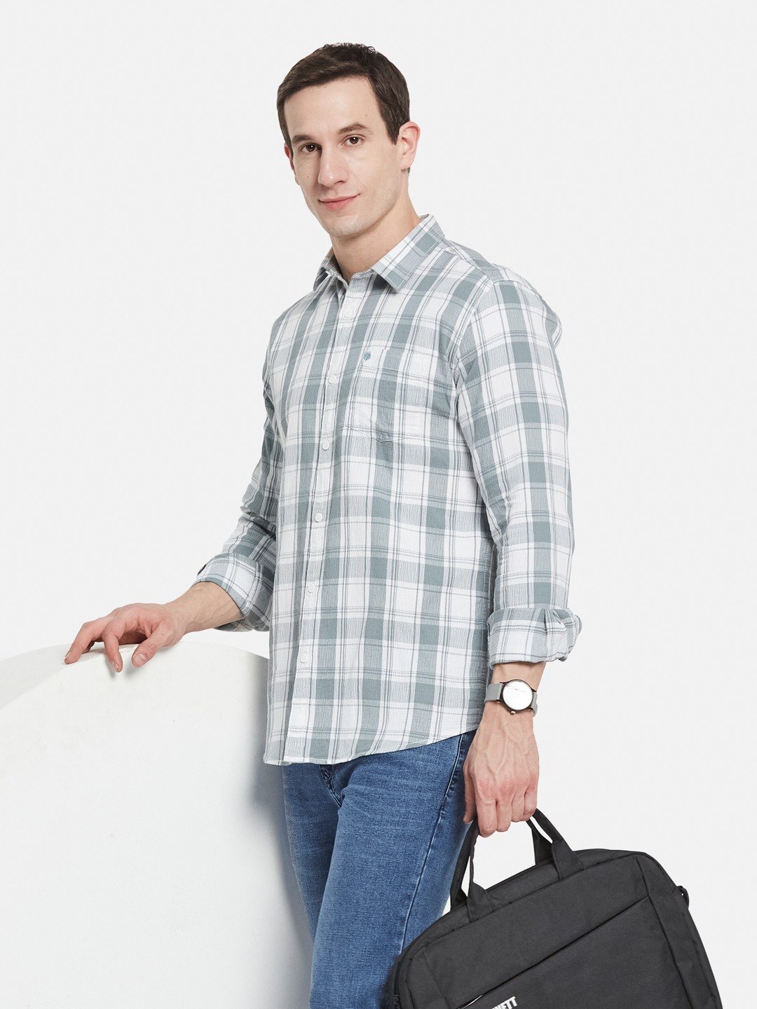 METTLE Men Spread Collar Tartan Checked Cotton Casual Shirt