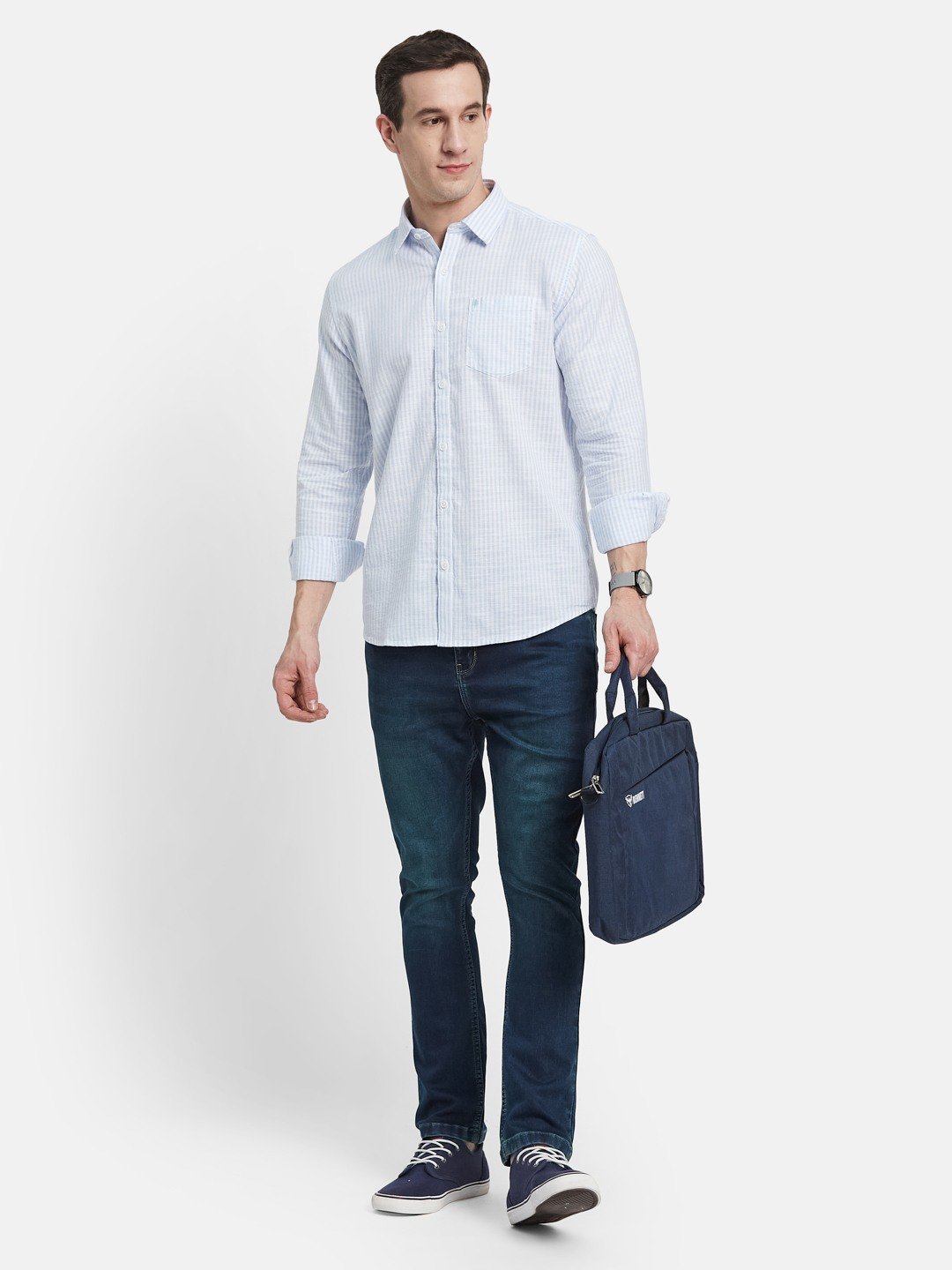 METTLE Men Spread Collar Vertical Striped Cotton Casual Shirt