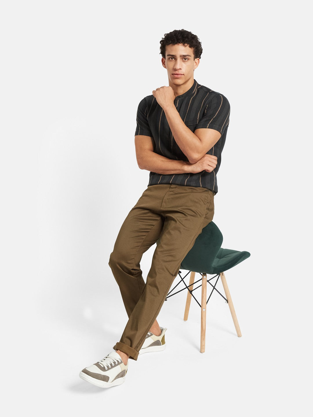 METTLE Men Striped Mandarin Collar Cotton T-shirt