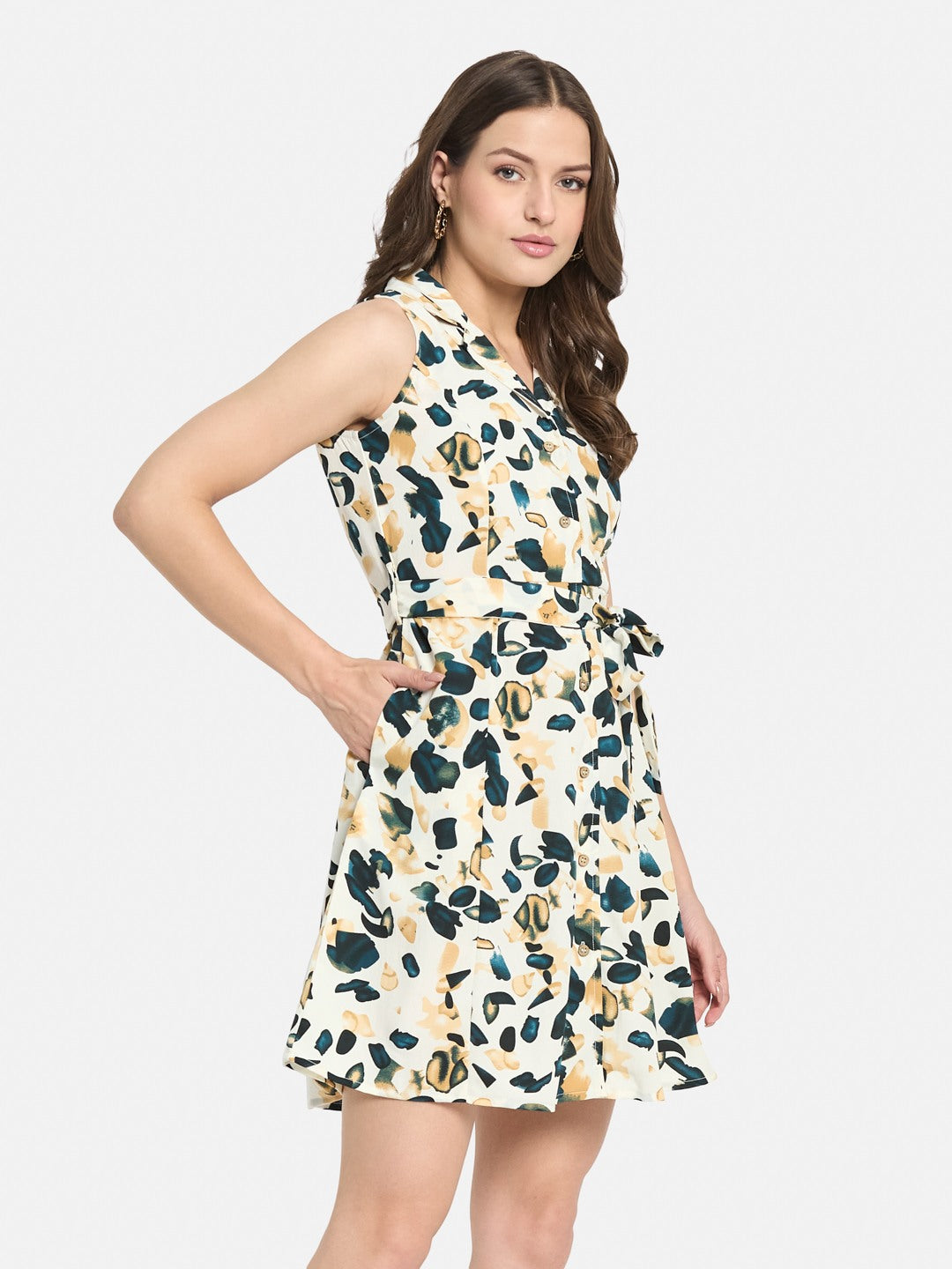 METTLE Women Abstract Printed Cotton Shirt Above Knee Dress