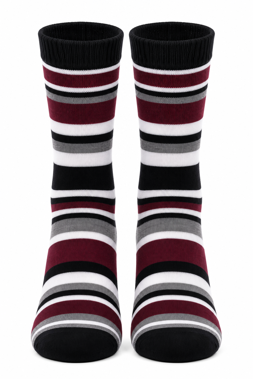 Men’s Premium High Ankle Striped Socks – Black, Burgundy, Grey & White | Soft Cotton Blend Crew Socks