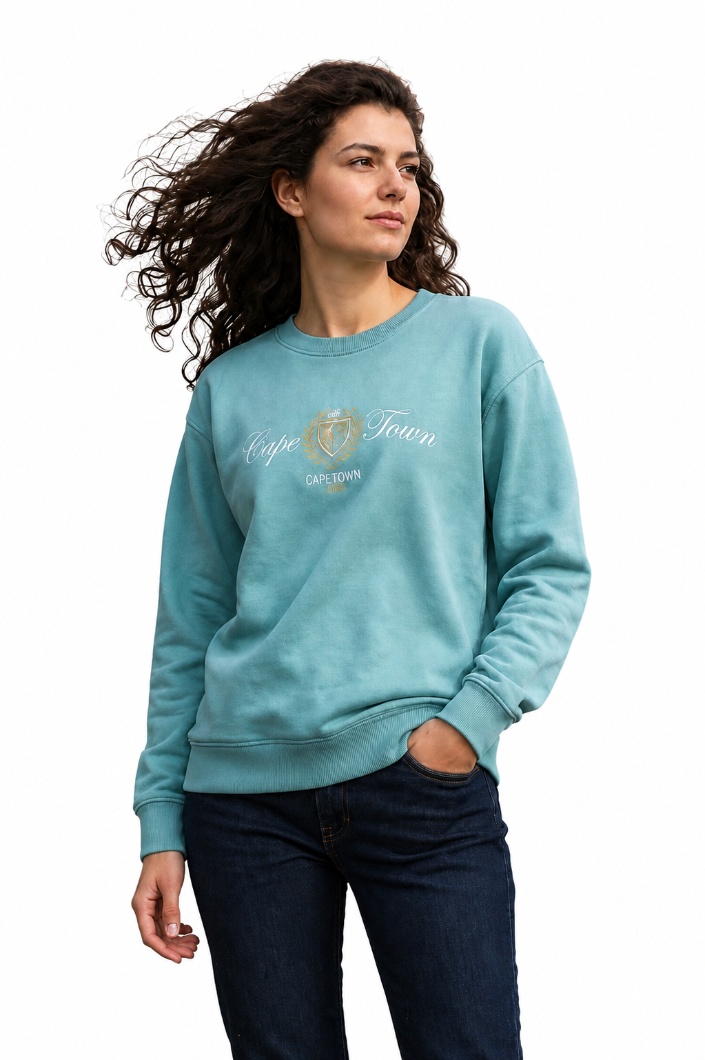 Women Light Teal Cotton Blended Suede Crew Neck | Full Sleeves Winter Sweatshirt