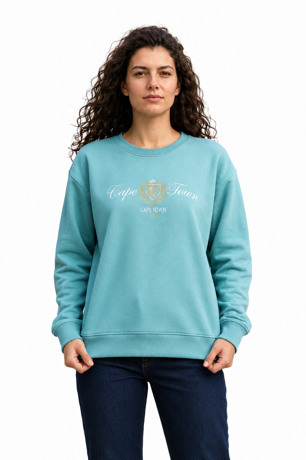 Women Light Teal Cotton Blended Suede Crew Neck | Full Sleeves Winter Sweatshirt