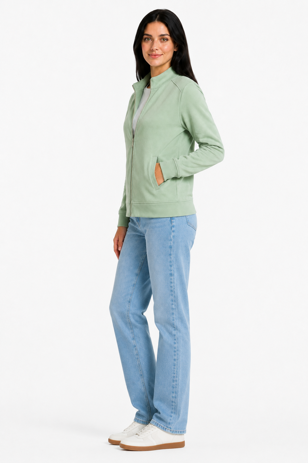 Women Desert Sage Cotton Blended German Velvet Full Zip | Standing Collar Winter Sweatshirt