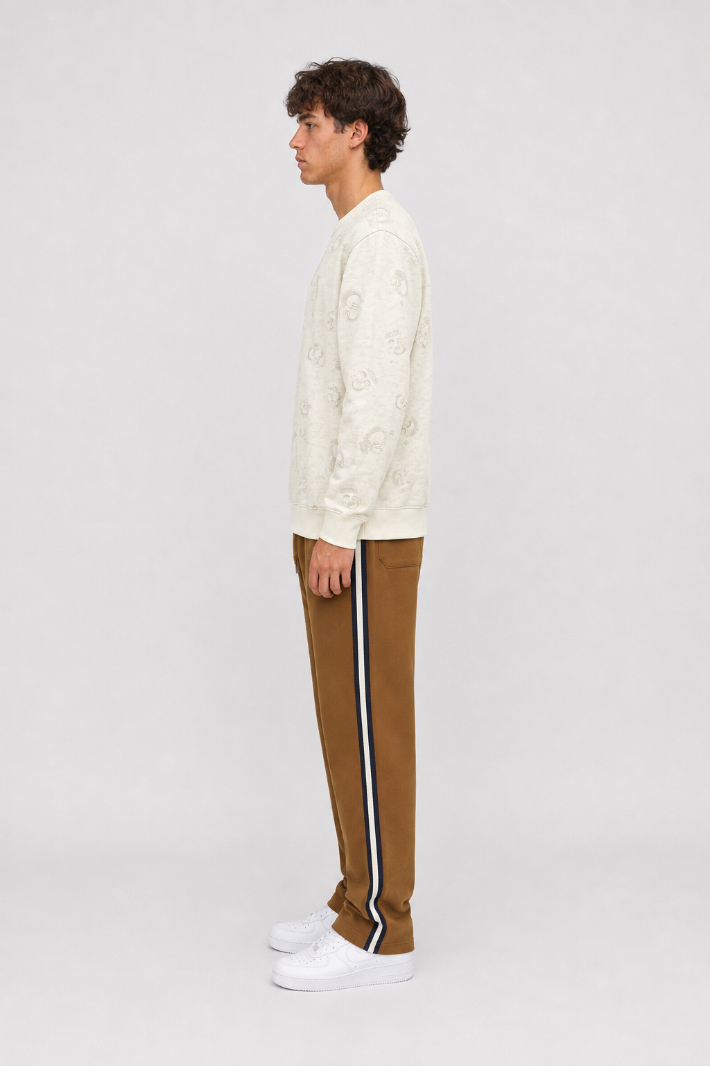 Men’s Tan Brushed Cotton Fleece Winter Lower – Regular Fit Knitted Track Pants with Side Stripes