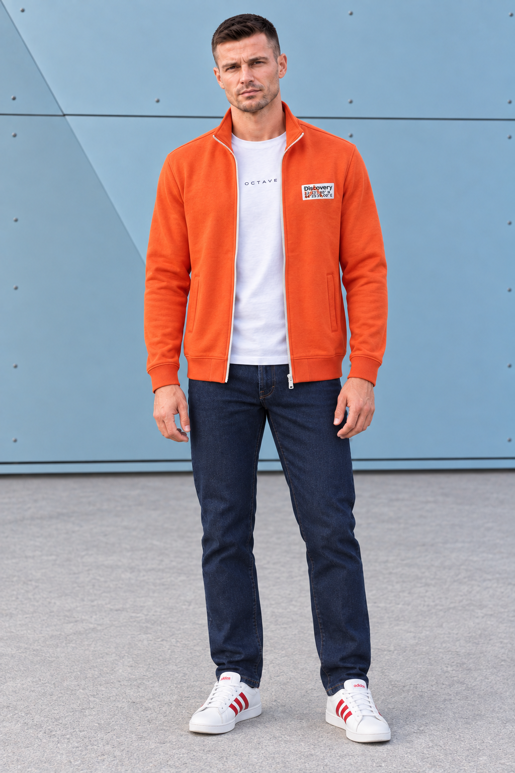 Discovery Cotton Fleece Full-Zip Sweatshirt – Cyber Orange | Winter High-Neck Sweatshirt with Graphic Branding