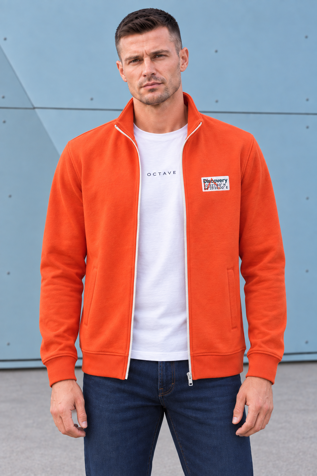Discovery Cotton Fleece Full-Zip Sweatshirt – Cyber Orange | Winter High-Neck Sweatshirt with Graphic Branding