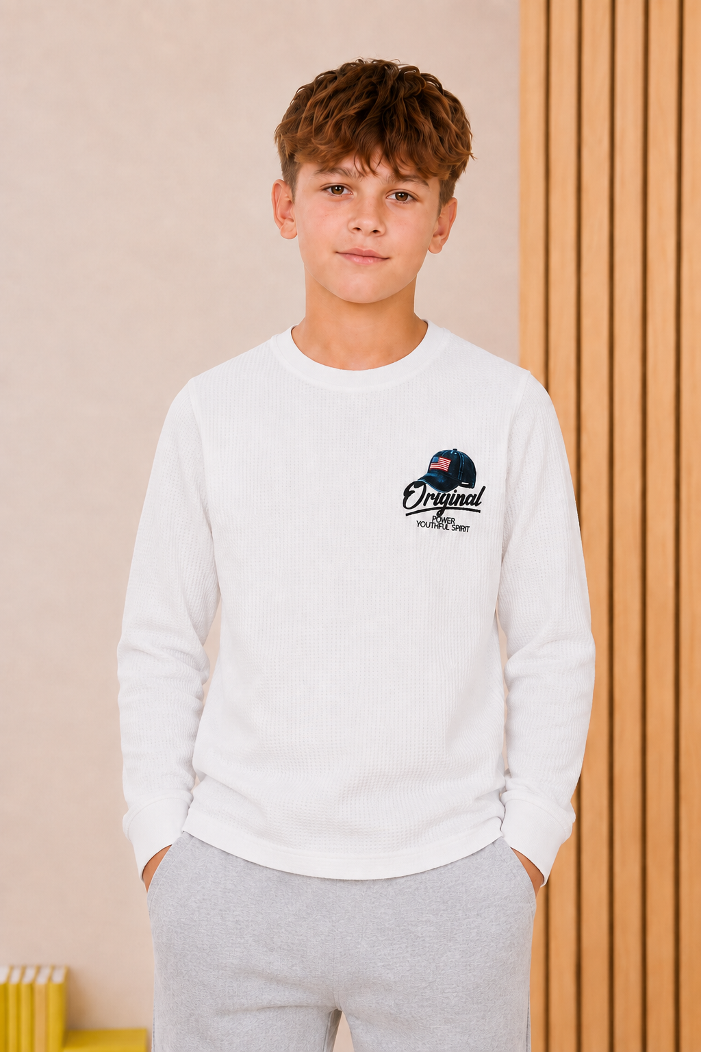 Junior Boys Cyber Orange Cotton Blend Full Sleeve Pre-Winter T-Shirt – Regular Fit Graphic Round Neck Tee