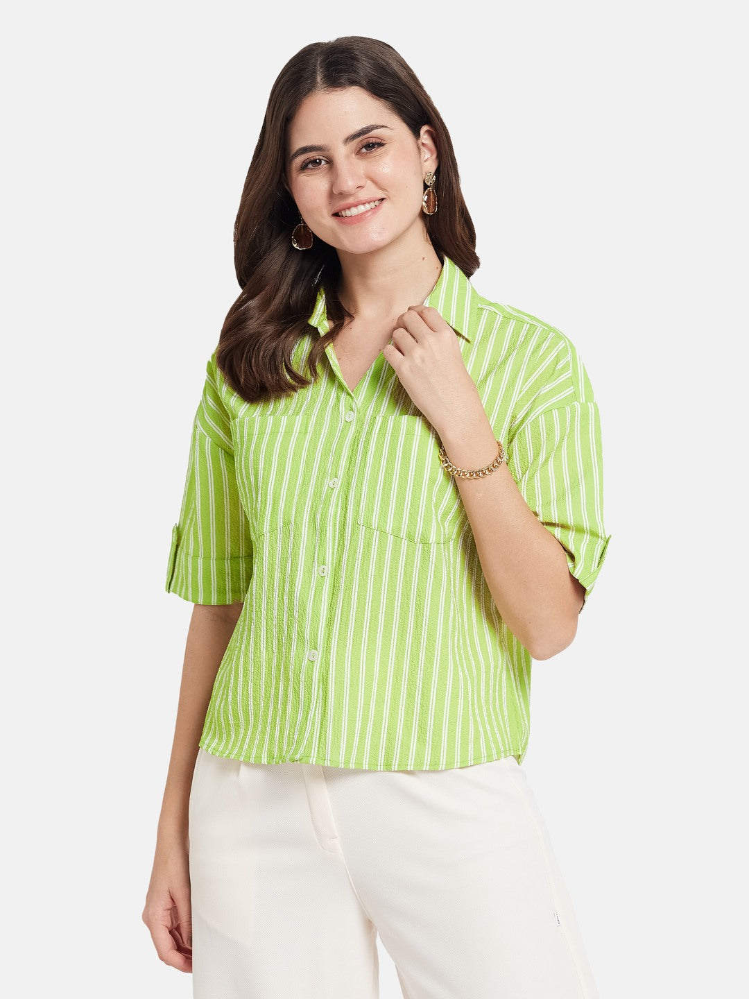 METTLE Striped Short Sleeves Spread Collar Cotton Opaque Regular Fit Casual Shirt