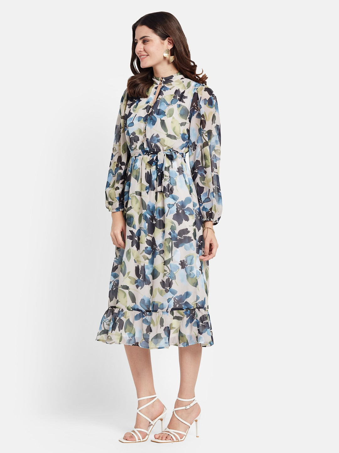 METTLE Floral Print Puff Sleeves Mock Neck Fit & Flare Dress