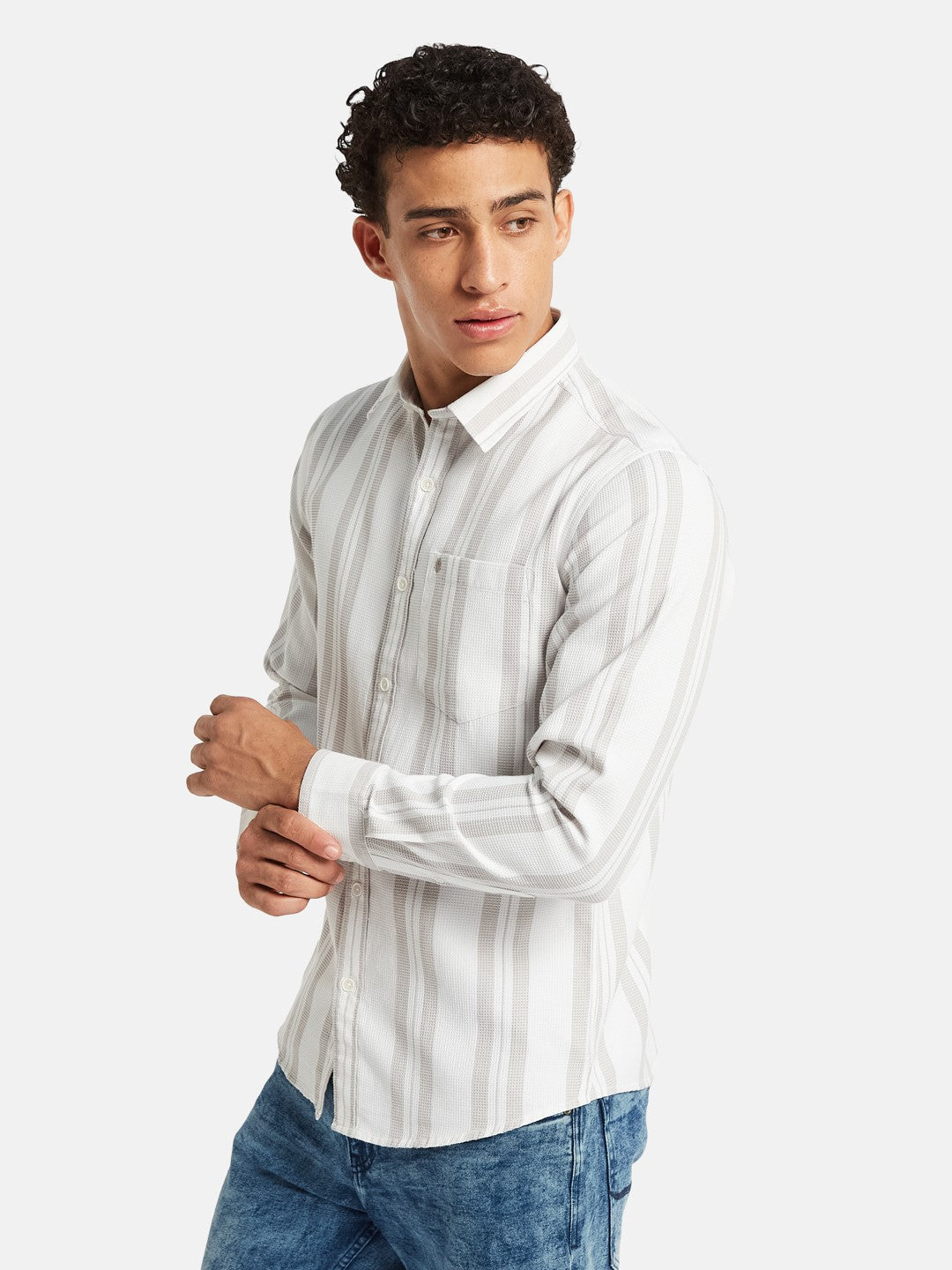 METTLE Men Vertical Striped Spread Collar Cotton Casual Shirt