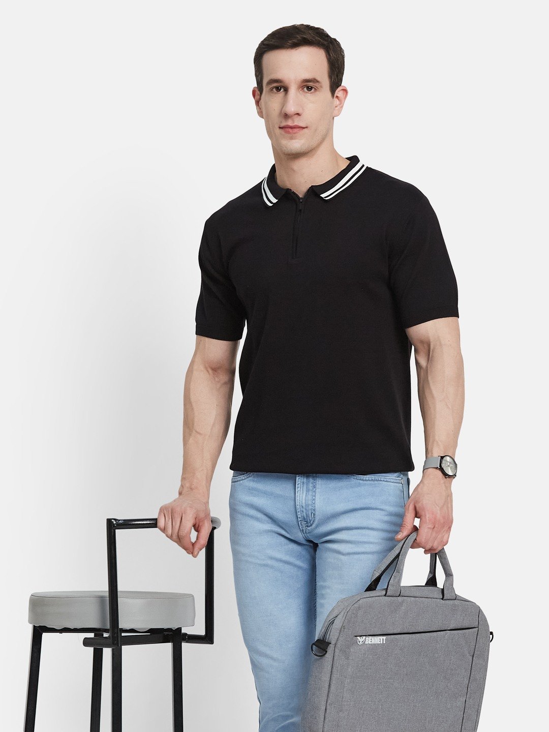METTLE Men Solid Polo Collar Cotton T-shirt