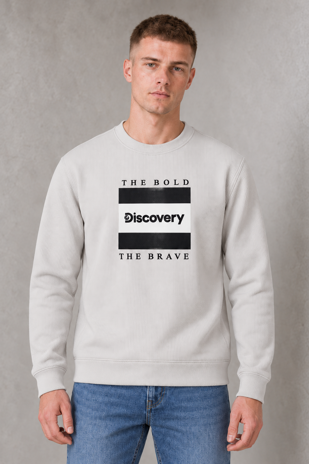 Men's Bonded Waffle Knitted Cotton Fleece Crew Neck Sweatshirt with Discovery Graphic Print – Onyx