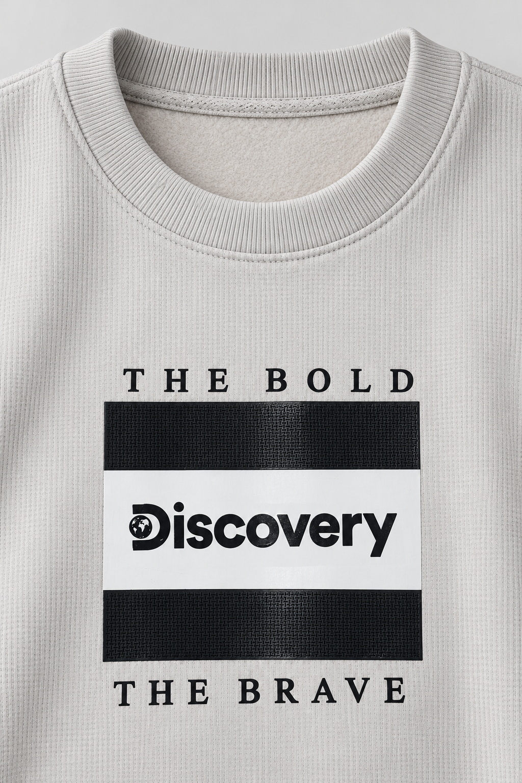 Men's Bonded Waffle Knitted Cotton Fleece Crew Neck Sweatshirt with Discovery Graphic Print – Onyx