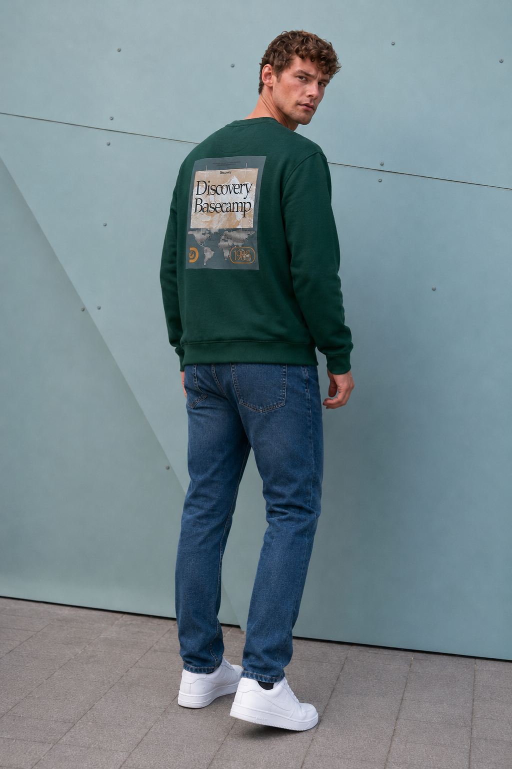 Men’s Hunter Green Cotton Fleece Crew Neck Sweatshirt – Regular Fit Full Sleeve Discovery Graphic Sweatshirt