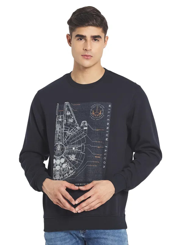 Octave Men Navy Blue Printed Fleece Sweatshirt