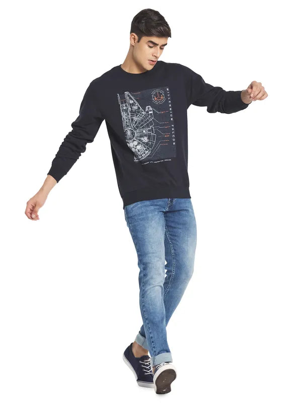 Octave Men Navy Blue Printed Fleece Sweatshirt