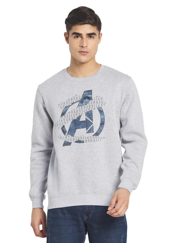Octave Men Grey Melange Printed Round Neck Fleece Pullover Sweatshirt