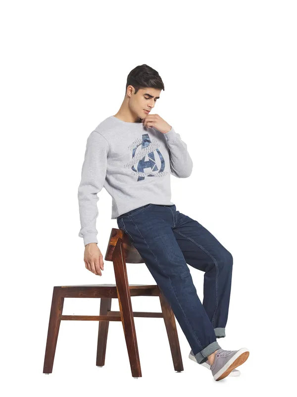 Octave Men Grey Melange Printed Round Neck Fleece Pullover Sweatshirt