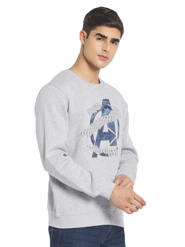 Octave Men Grey Melange Printed Round Neck Fleece Pullover Sweatshirt