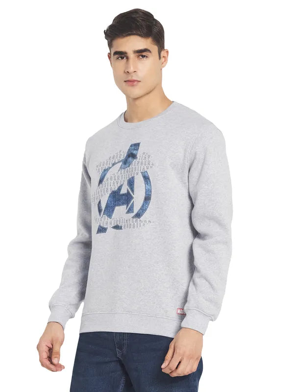 Octave Men Grey Melange Printed Round Neck Fleece Pullover Sweatshirt