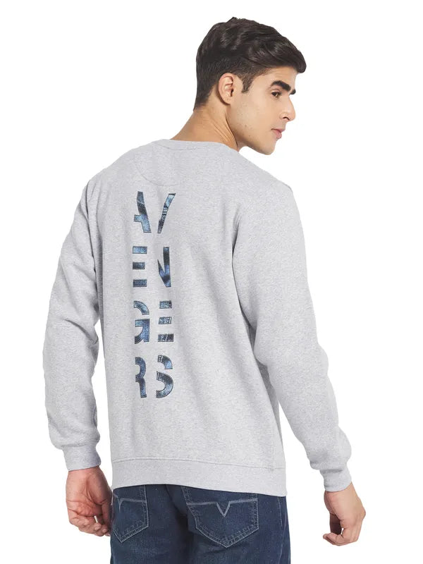 Octave Men Grey Melange Printed Round Neck Fleece Pullover Sweatshirt