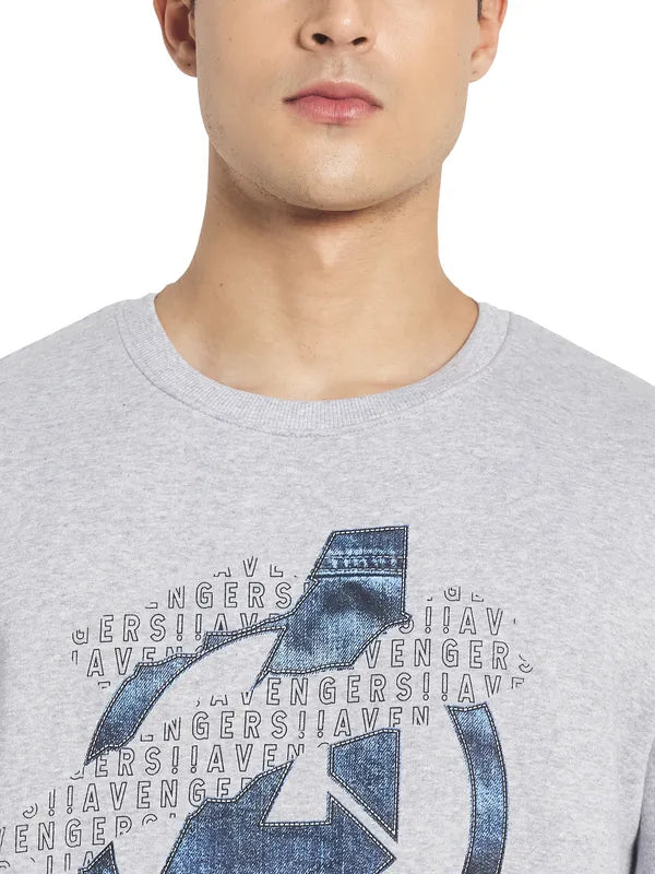 Octave Men Grey Melange Printed Round Neck Fleece Pullover Sweatshirt