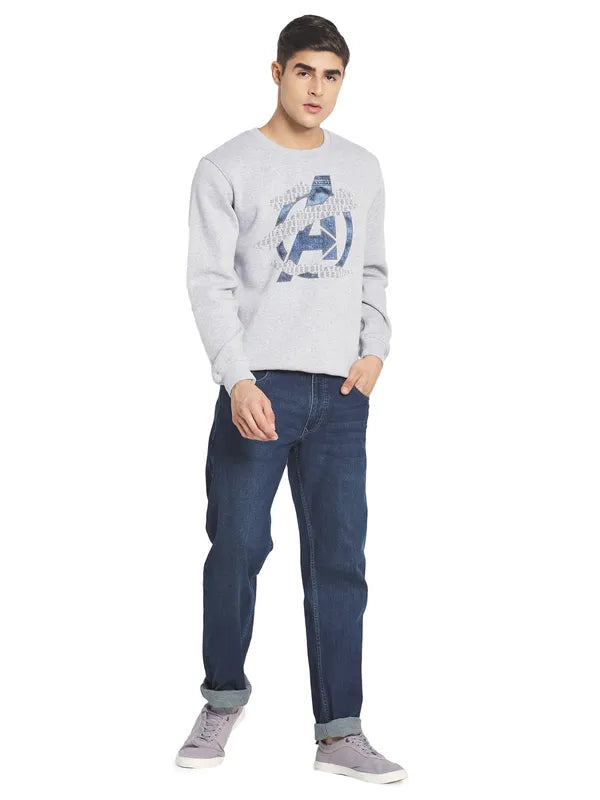 Octave Men Grey Melange Printed Round Neck Fleece Pullover Sweatshirt